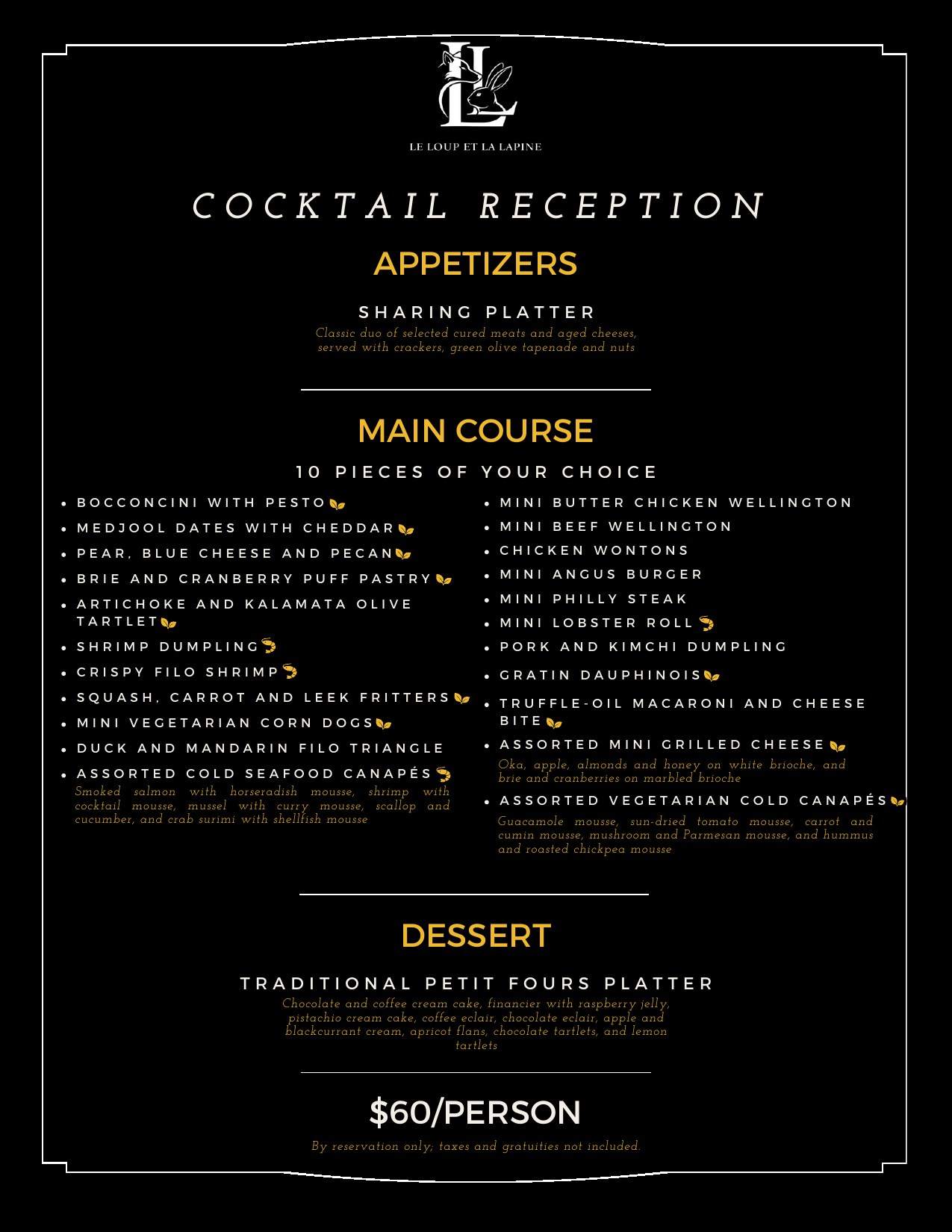 Cocktail Reception group menu, $60 per person