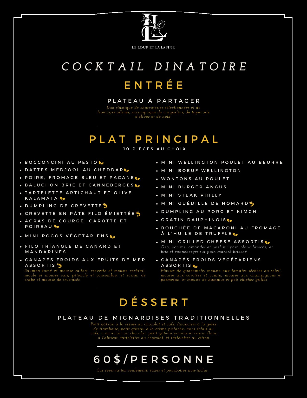 Menu de groupe Cocktail dînatoire, 60 $ par personne