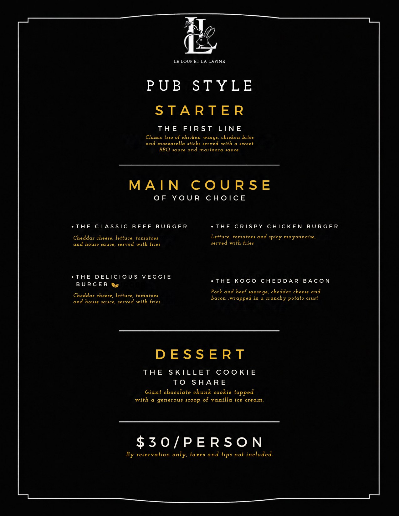 Pub Style group menu, $30 per person
