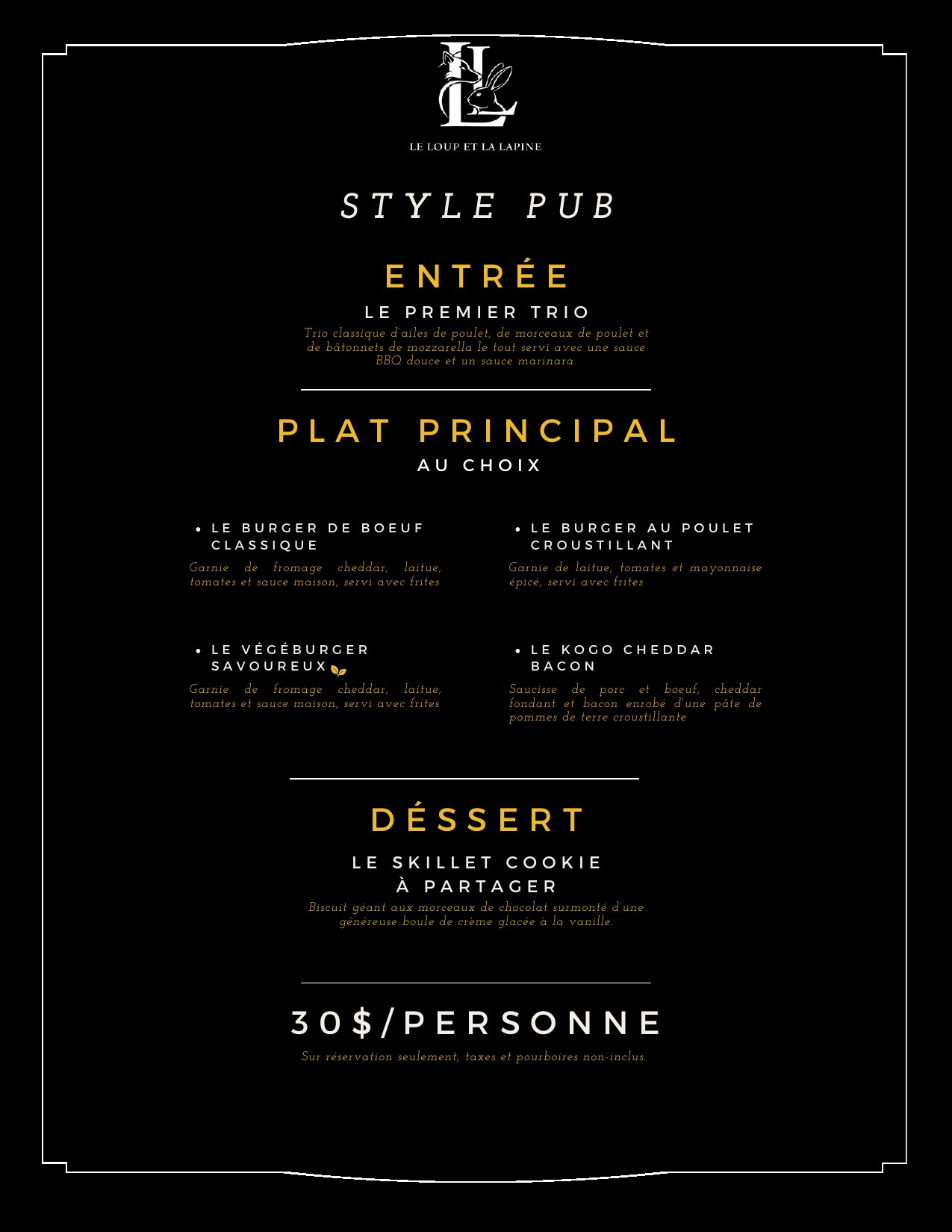 Menu de groupe Style Pub, 30 $ par personne